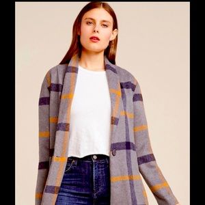 BB Dakota Plaid Fringed Wool-Blend Coat Size M Nordstrom Blue, Gray, Orange